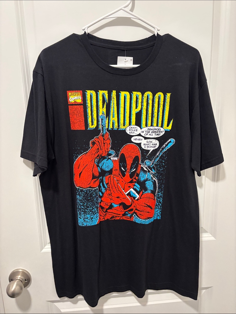 Marvel Black Deadpool Comic Graphic Tee with Red and Blue Print 100% Cotton